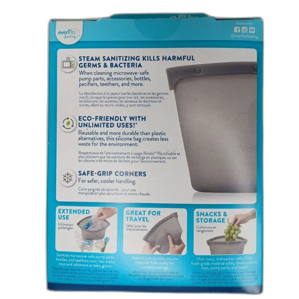 Evenflo Feeding Silicone Steam Sanitizing Bag Reusable Plastic-Free Grey NEW